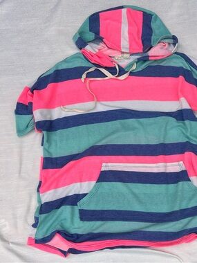Striped Hooded Short-Sleeve Top in Pink, Teal & Navy